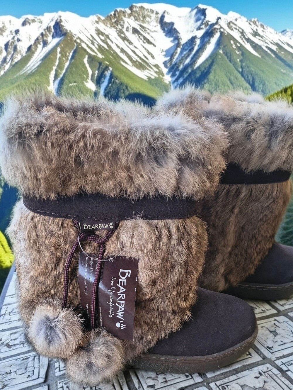 New BearPaw Winter Snow Boots Brown Real Fur Pom Pom Sz. 7, Apres Skandia,